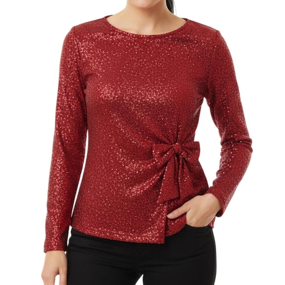 Sparkly Long Sleeve Shirt for Women Lace Up Bow Shimmer Casual Crewneck Disco Tee Clubwear Outfit for Prom