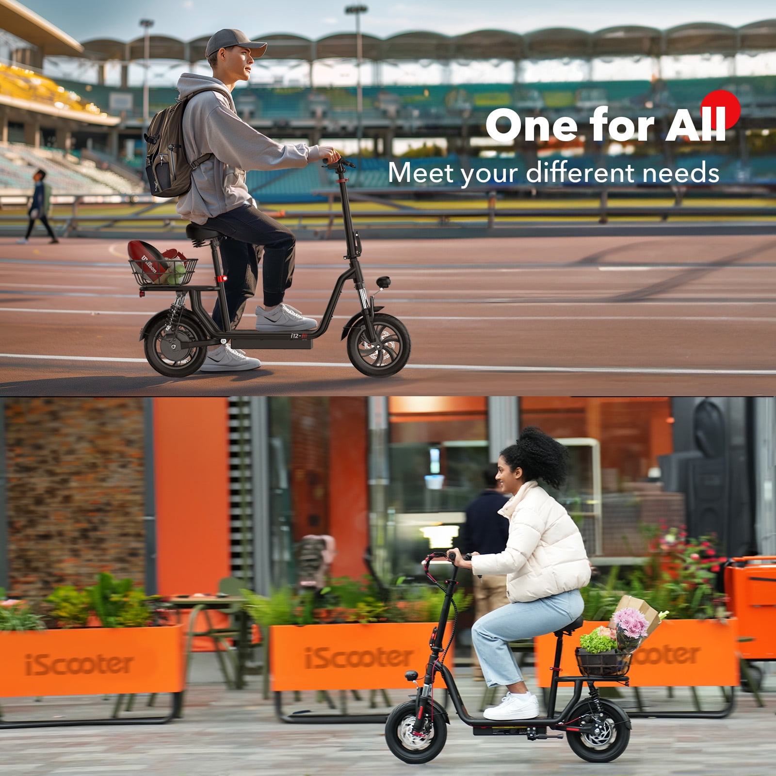 iScooter 500W Electric Scooter with Seat for Adult, up to 21 Miles 15.5 MPH 12" Commuter Electric Scooter with Basket and Dual Shock Absorbers