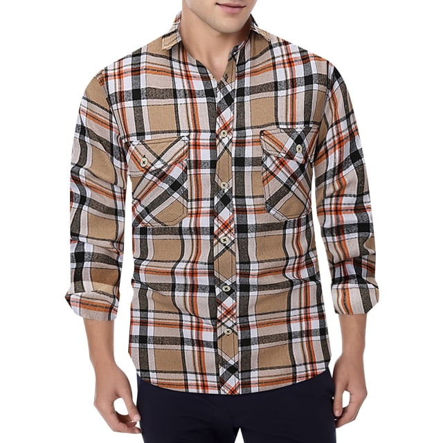 camisas s para hombre de vestir camisa formal de solapa de manga larga transpirable ligera con estampado cuadrado a la moda informal para hombre (khaki, l) Camisa de cuadros khaki con líneas negras, blancas y acentos naranja, vista frontal centrada; cierre con botones, cuello de solapa, dos bolsillos de parche en el pecho con solapas y mangas largas arremangadas hasta 3/4. Ajuste regular para uso diario y oficina; también es adecuada como capa casual ligera.