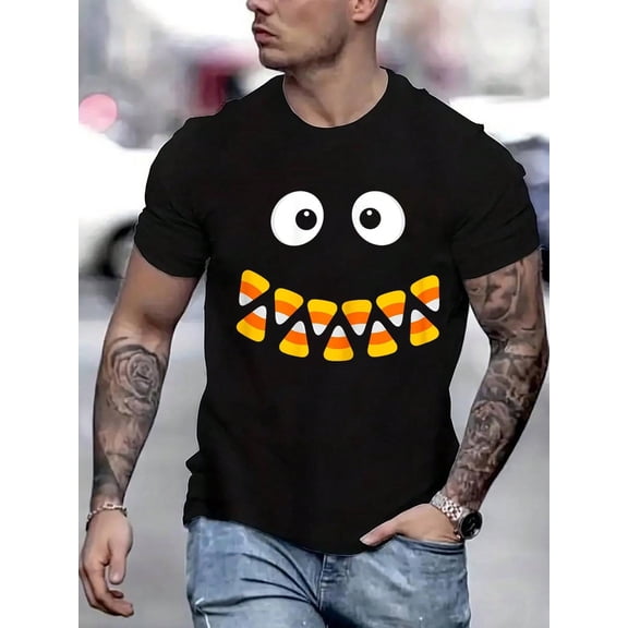 100 Cotton Graphic Tees Cute Candy Corn Face For Halloween Costume T-Shirt Crew Neck Short Sleeve T-Shirt, Casual Print Graphic Cotton Tees Men Tops