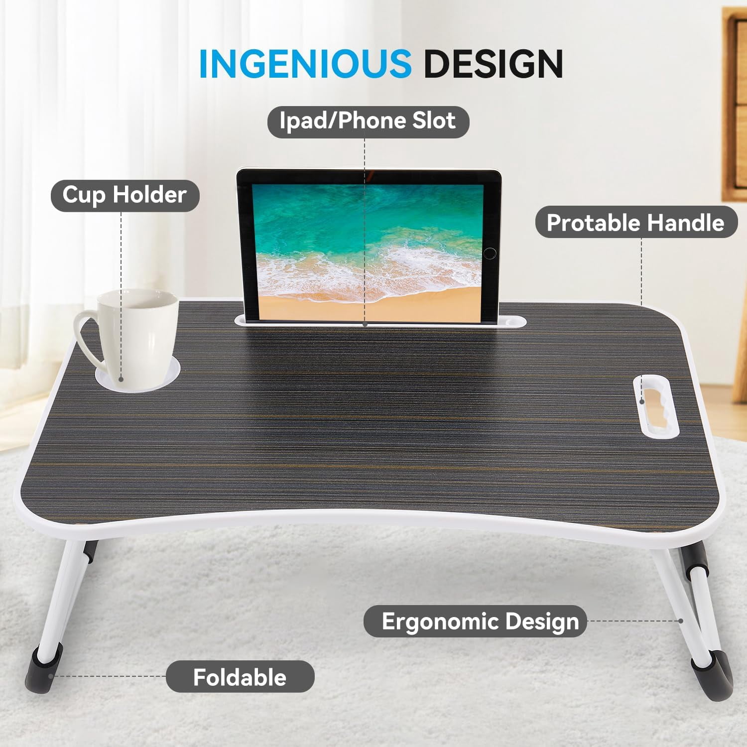Folding Lap Desk, 23 Inch Portable Wood Black Laptop Bed Desk Lap Desk with Cup Holder, for Working Reading Writing, Eating, Watching Movies for Bed Sofa Couch Floor