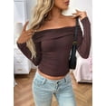 thumbnail image 5 of Womens Long Sleeve Off Shoulder Shirts Tight Fitted Y2K Ruched Tee Tops Blouses 2025 Trendy Outfits Coffee Color XL, 5 of 8