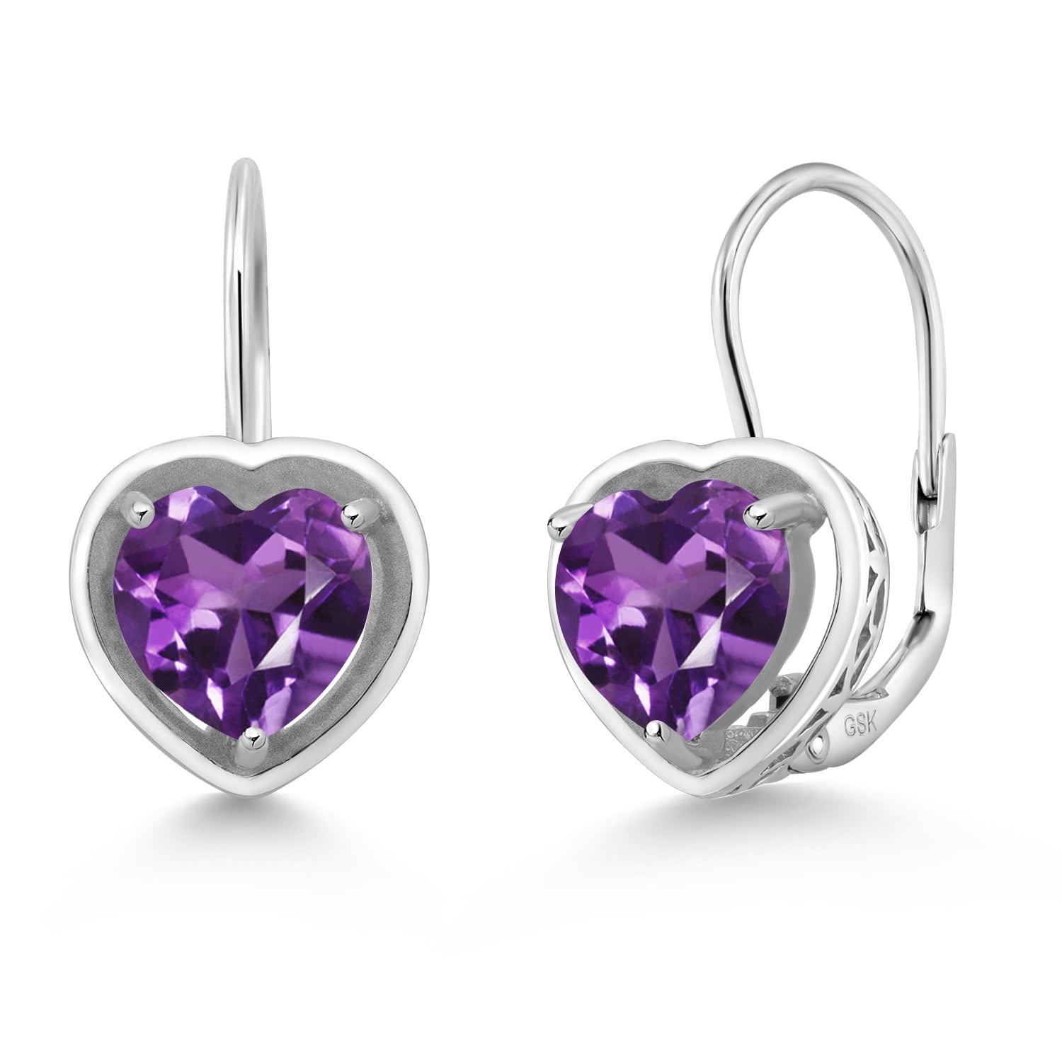 Gem Stone King 925 Sterling Silver Purple Amethyst Dangle Leverback Earrings for Women (1.80 Cttw, Gemstone Birthstone, Heart Shape 7MM)