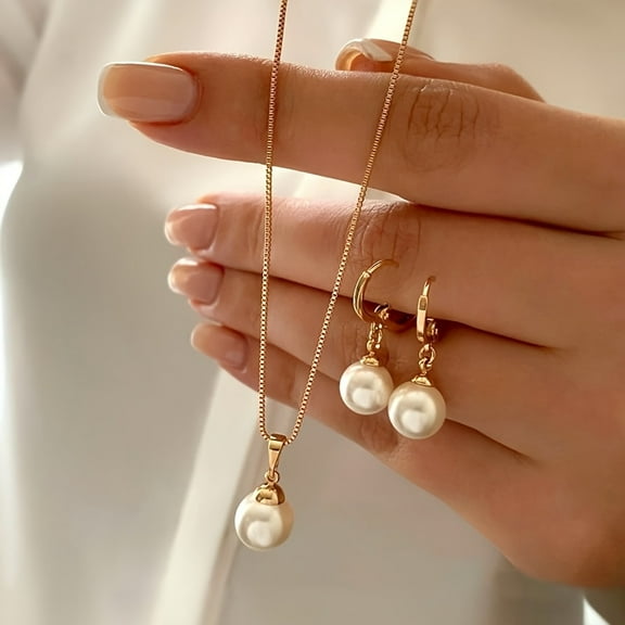 3pcs Elegant Faux Pearl Jewelry Set- Matching Necklace, Earrings& Ring Women, Birthdays, & Special Occasions, Family& Friends, Birthdays Classy Accessory Durable Alloy, Pearl Jewelry Set,Silver