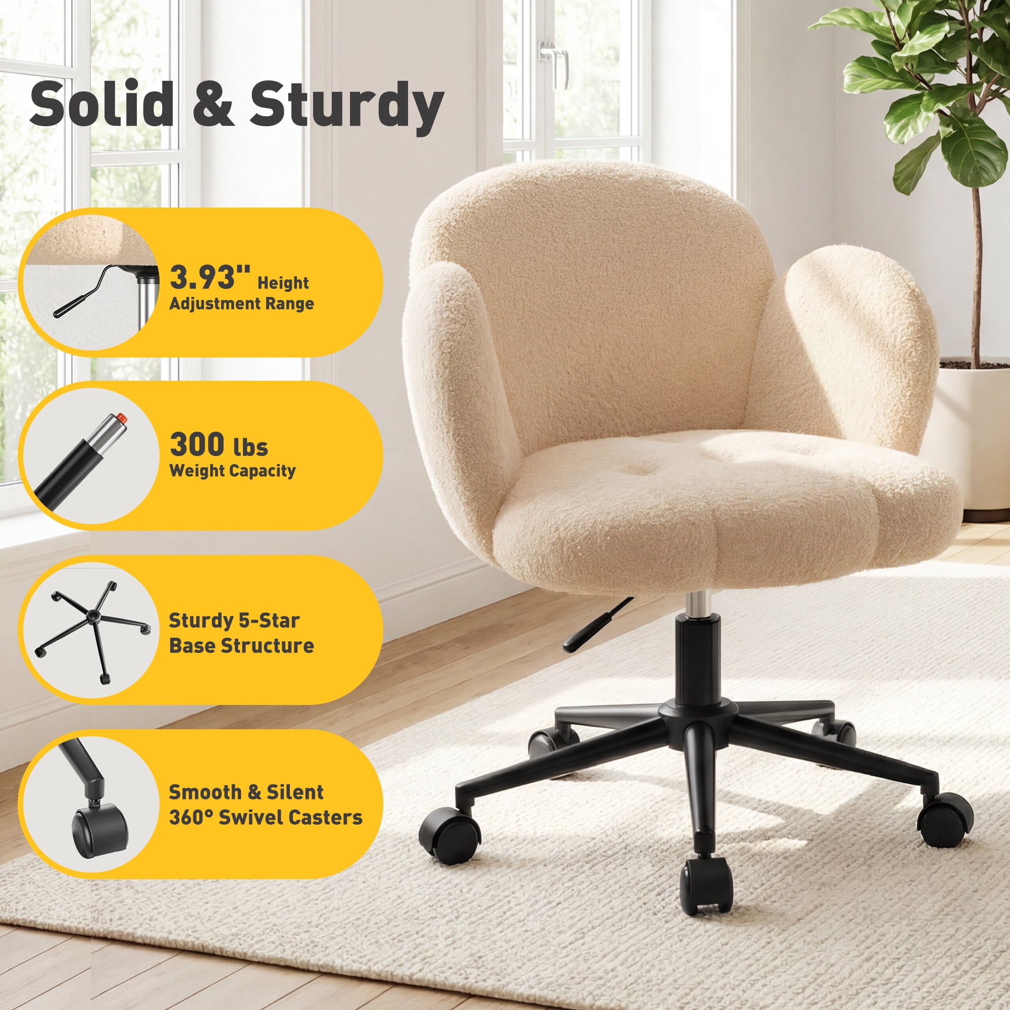 Romorgniz Vanity Chair with Back & Wheels Upholstered Desk Chair Height Adjustable Teddy Velvet Computer Task Chairs for Home Office, Beige