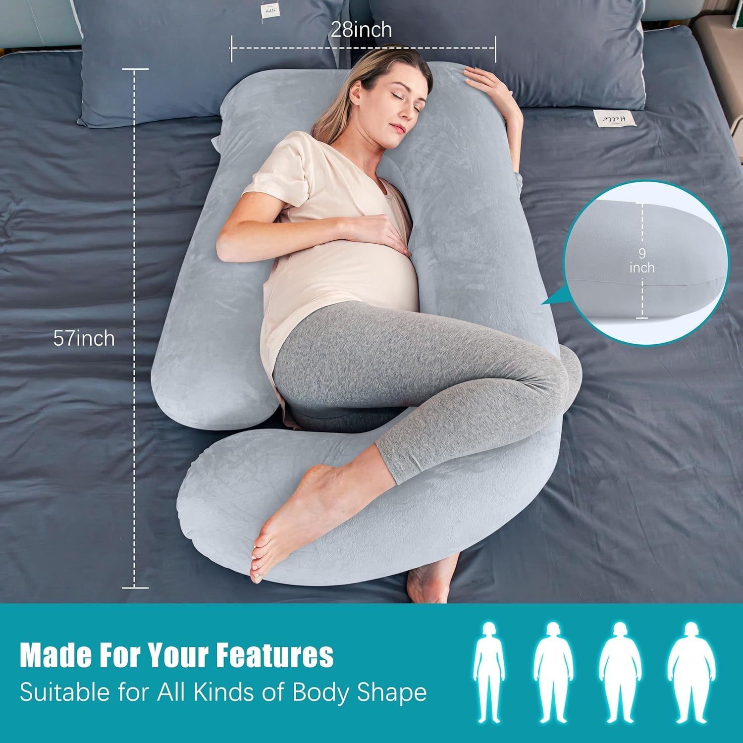 Pregnancy Pillows, Soft U-Shape Maternity Pillow with Removable Cover - Full Body Pillows for Adults Sleeping - Pregnancy Must Haves - Jumbo 57 Inch - Light Grey