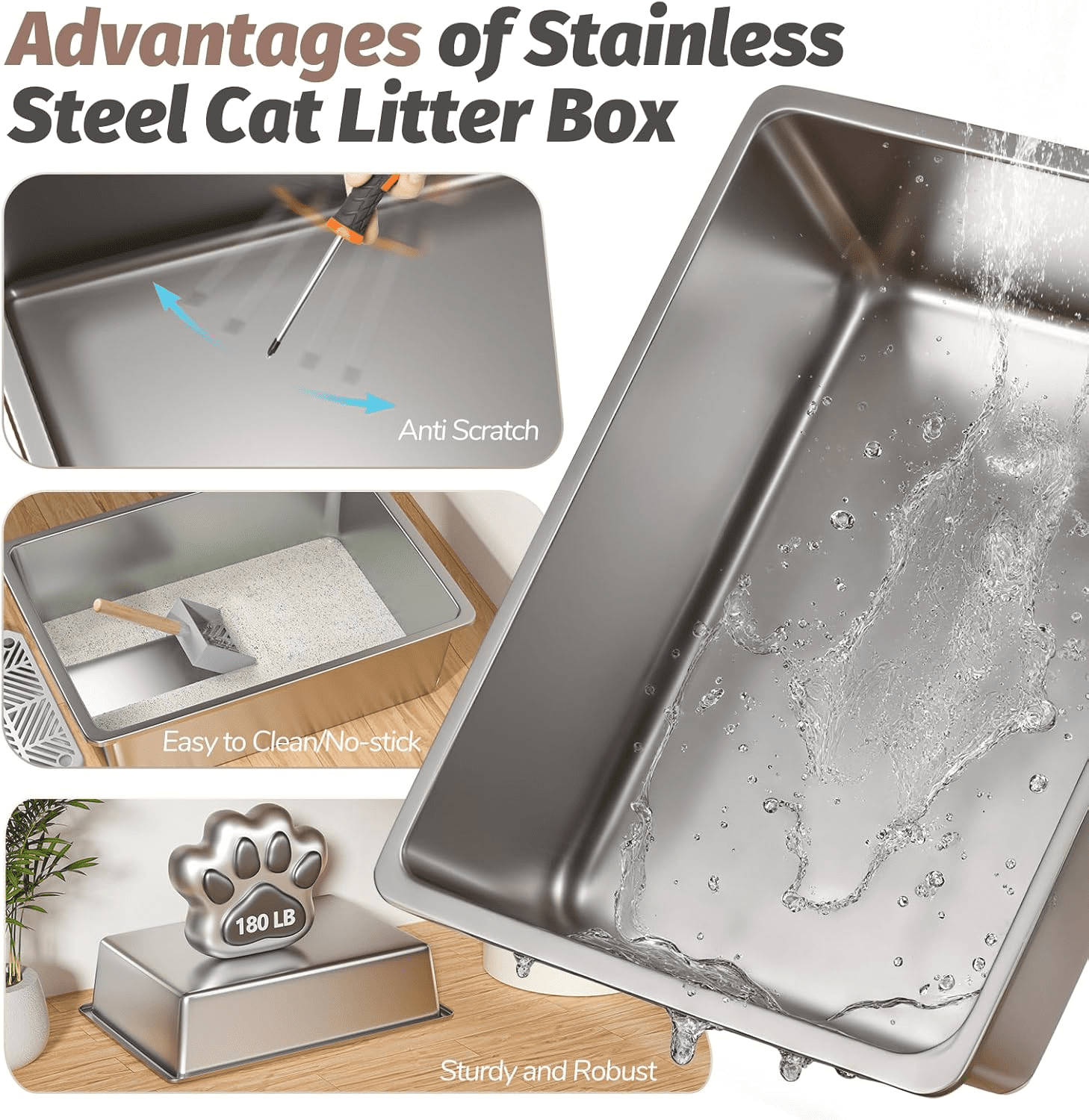 Stainless Steel Cat Litter Box with 110° Flip-Top Lid -XXL Top Entry Enclosed Litter Box for Large Cats with Deodorization Box, Odor-Free, Non-Sticky, Anti-Leak, Removable Lid for Easy Cleaning