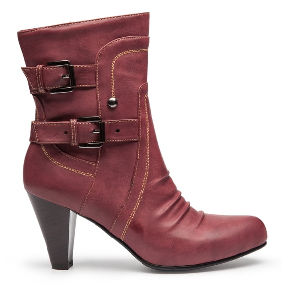 Ferwind Women's Mid-Calf Booties Rugged Upper Stitch Patterns Buckle Straps Adult Burgundy  8