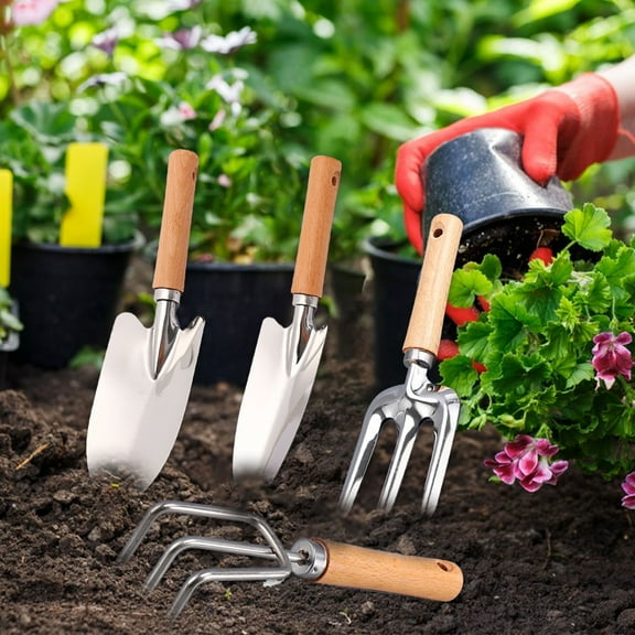 Portable Garden Hand Tools Set | Mini Stainless Steel Rake Trowel Shovel Kit | For Bonsai Succulents Herbs Terrarium Planting | 4-Piece Gardening Tool Set | Silver | 22-30cm Sizes | Lightweight