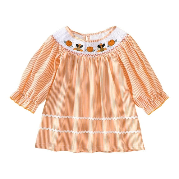 HCNTES Toddler Girl Smocked Dress Long Sleeve Turkey Embroidery Dress Fall Outfits(12-18 Months,R18-Orange)