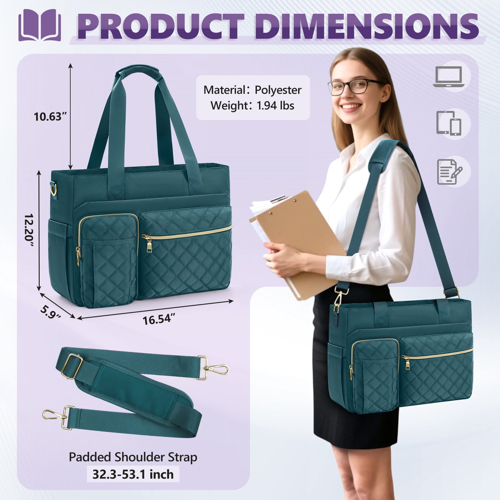 Teacher Tote Bag 15.6 inch Laptop Bag for Women Laptop Briefcase Work Bags Nurse Tote Professional Computer Messenger Shoulder Bags for Office, College, Nursing,DarkGreen