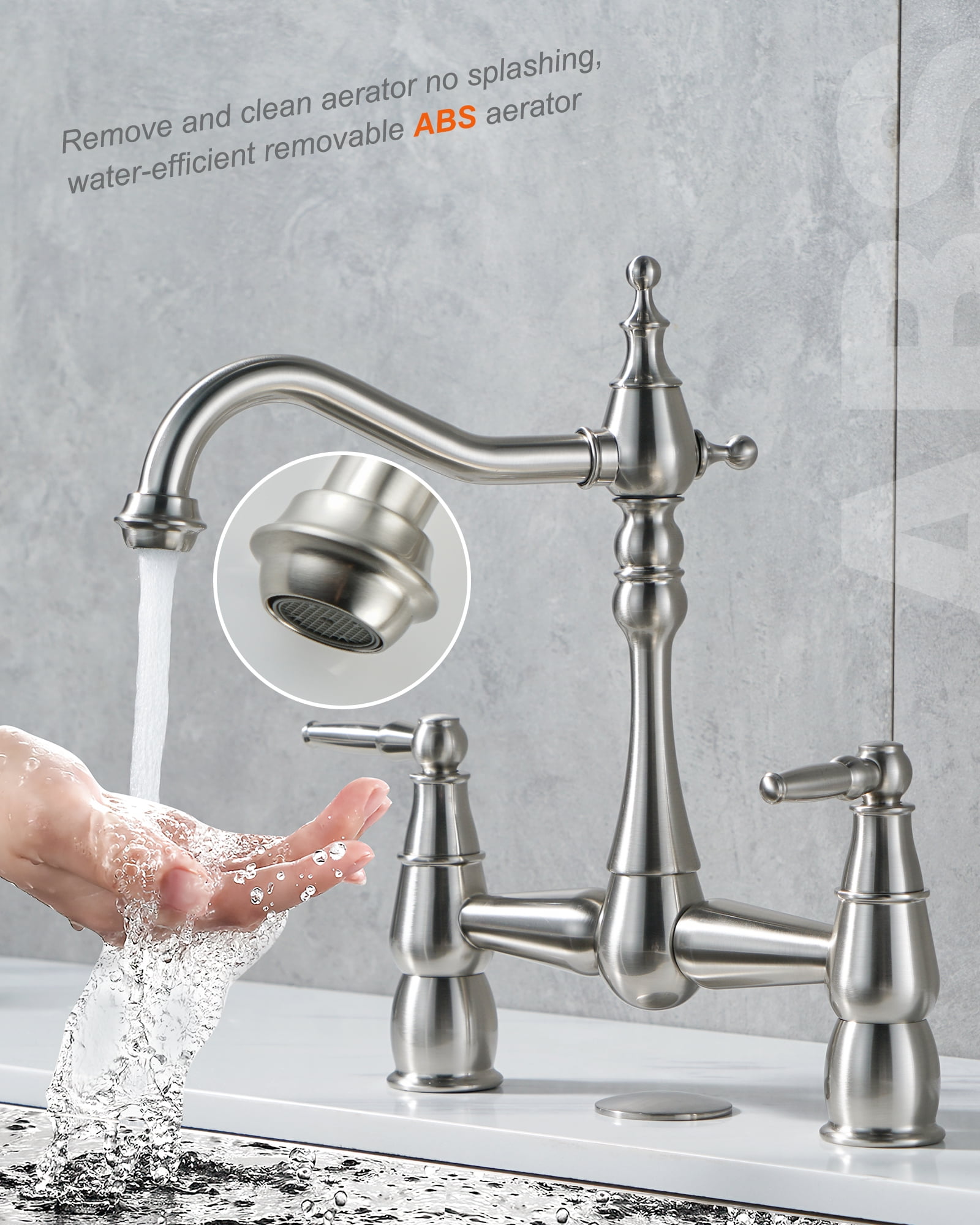 Wowow Brass Bridge Centerset Kitchen Faucet for Sink, 2 Handle 2 Hole 360 Degree Swivel Faucets for Vintage Farmhouse, Brushed Nickel