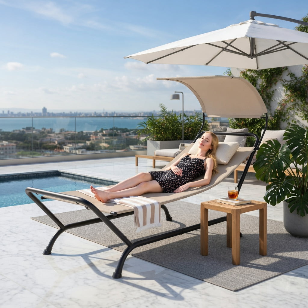 Hommoo Outdoor Hanging Chaise Lounge Chair with Sun-Blocking Canopy, Thick Cushion & Pillow, Heavy-Duty Metal Frame for Patio, Deck, Poolside, Beige