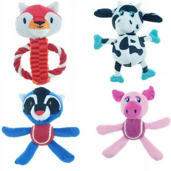 Dog Toss & Tug Toys Plush Fetch Tennis Balls Choose Cow Pig Fox or Raccoon 12" (Full Set - All 4 Toys)