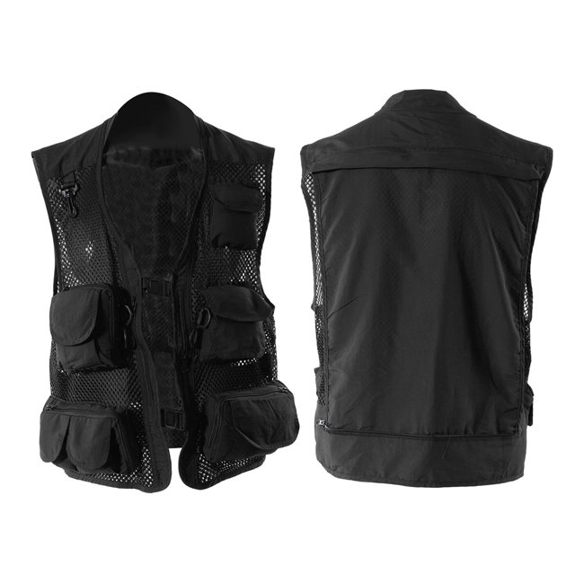 Chaleco multibolsillos para exteriores, chaqueta de secado rápido para fotografía de pesca con mosca para viajeros (negro, XL)