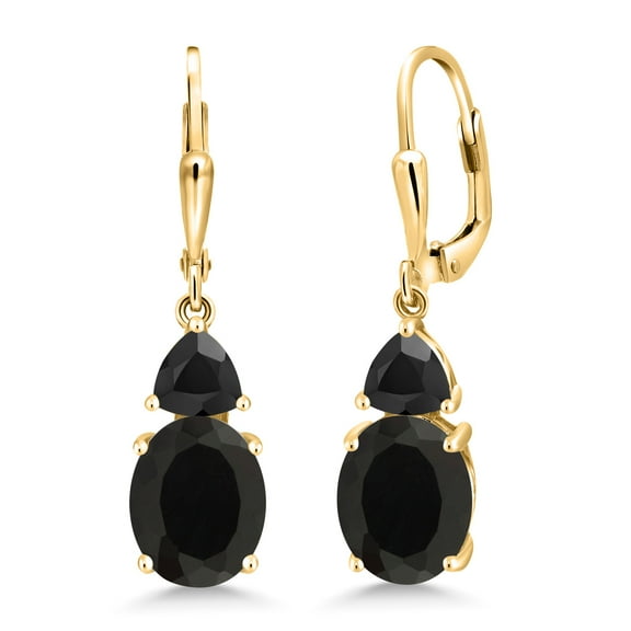 Gem Stone King 18K Yellow Gold Plated Silver Black Onyx Dangle Earrings for Women (5.72 Cttw, Gemstone December Birthstone, Oval 10X8MM, Trillion 5MM)