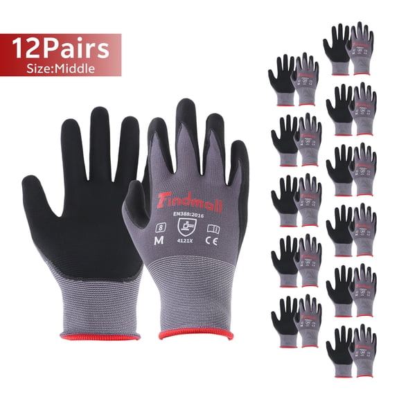 findmall 12 Pairs M-Size Work Gloves MicroFoam Nitrile Coated Knit Nylon Gloves