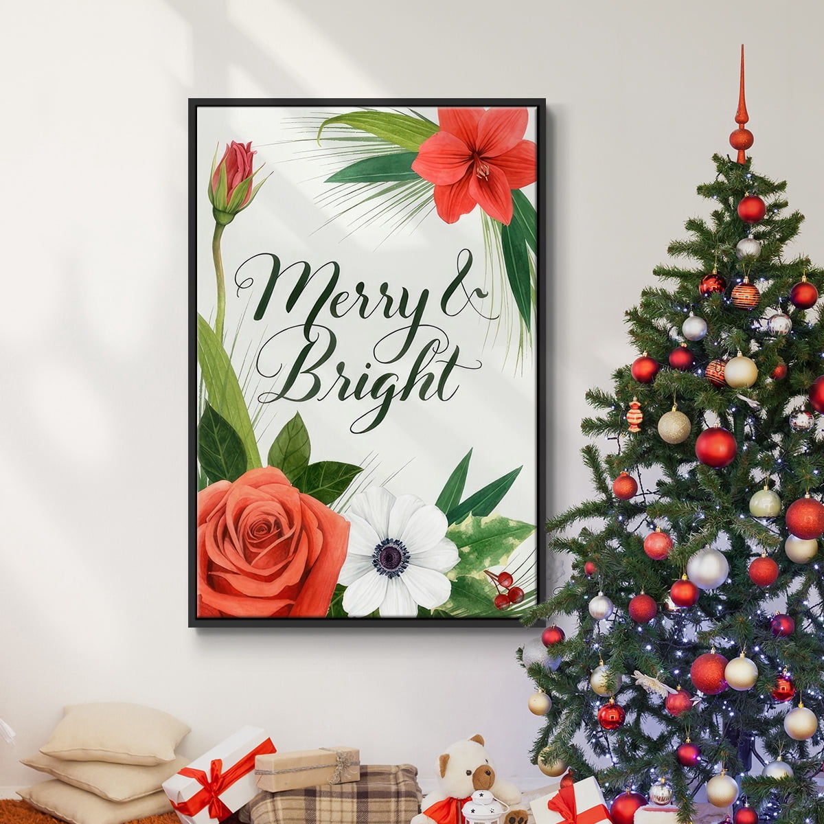 Christmas Flora Wreath Collection B - Framed Gallery Wrapped Holiday Canvas - 17 x 25 - Black Frame