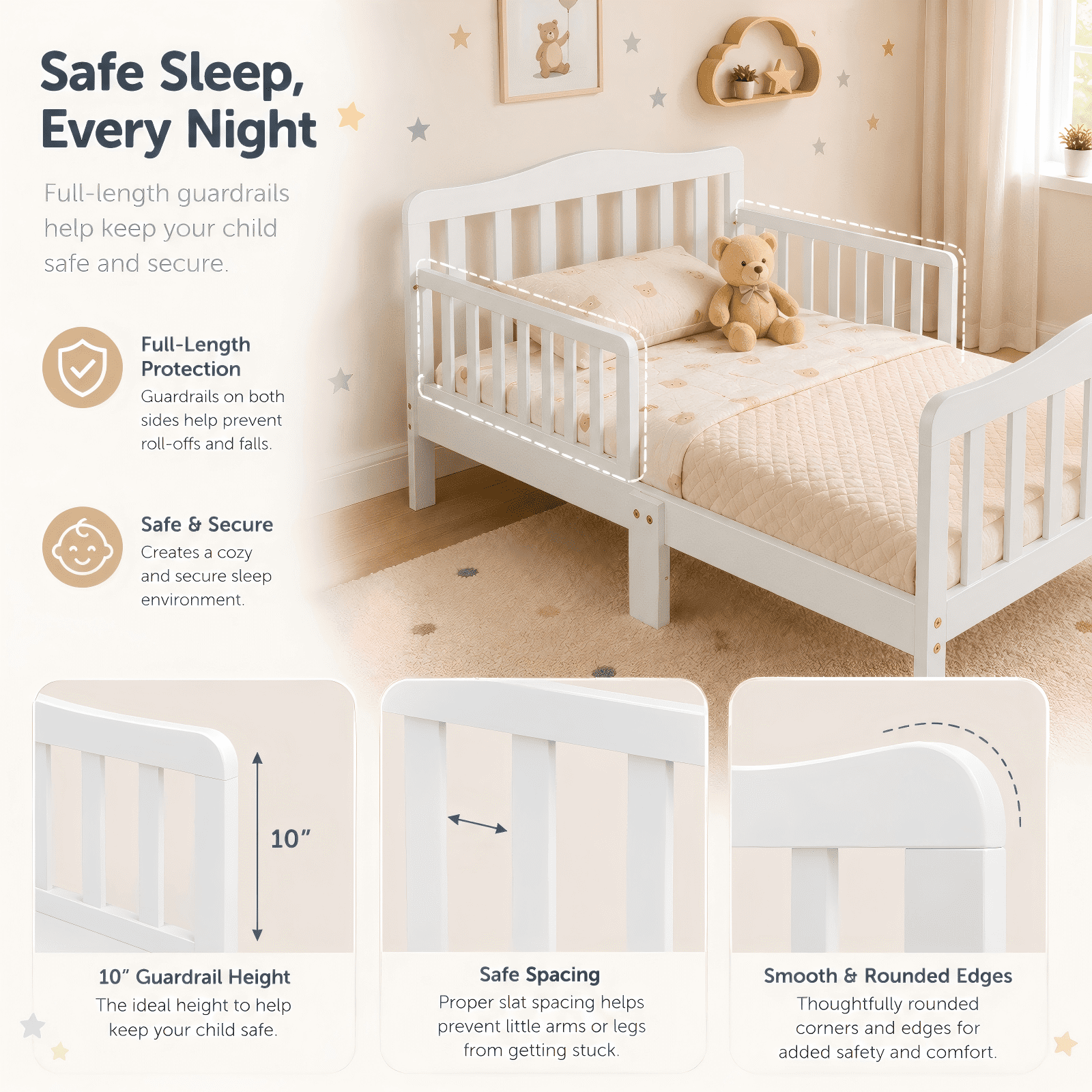 Zimtown Toddler Bed, Wood Kids Bedframe Children Classic Sleeping Bedroom Furniture w/Safety Rail Fence (White)