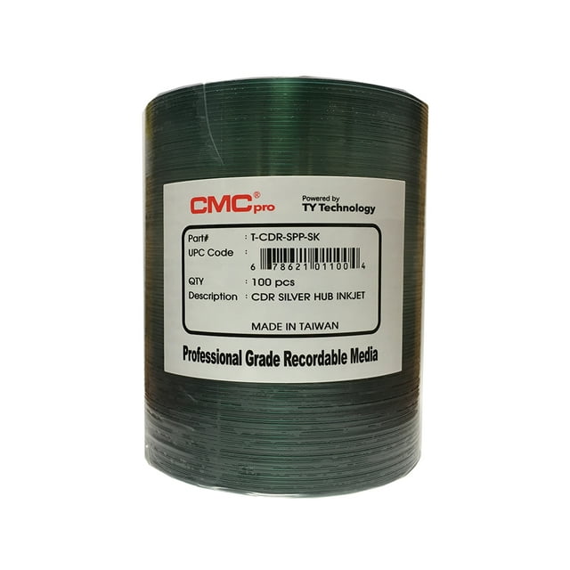 CMC PRO/TAIYO YUDEN CD-R 80MIN/700MB 48X Silver Hub Inkjet Printable Surface, No Stacking Ring Surface 100pcs Bulk Clear Wrap