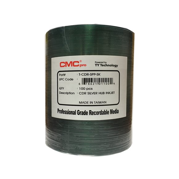 CMC PRO/TAIYO YUDEN CD-R 80MIN/700MB 48X Silver Hub Inkjet Printable Surface, No Stacking Ring Surface 100pcs Bulk Clear Wrap