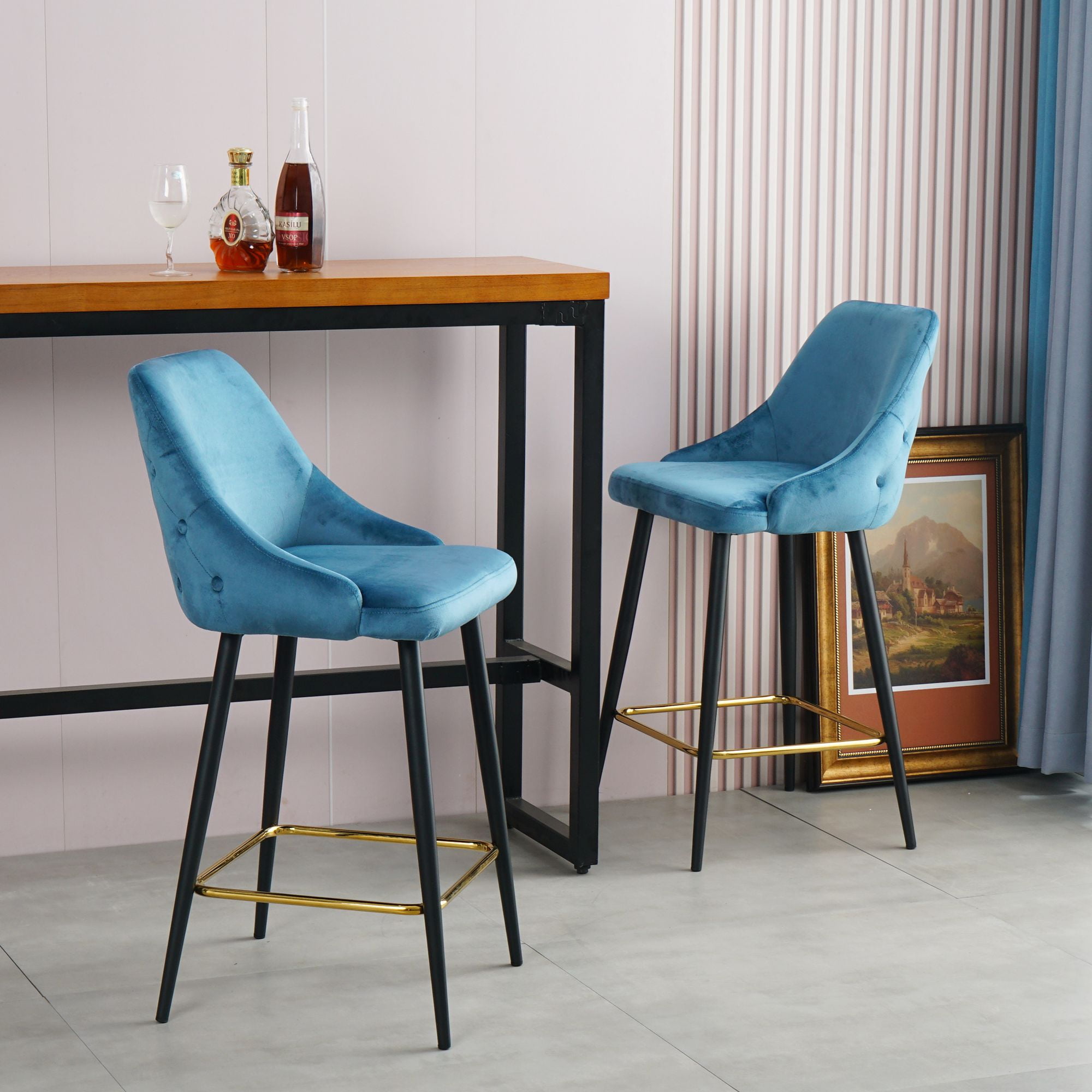Spaco Modern Bar Stools Set of 2 Counter Height Bar Stools Velvet Upholstered, Blue Spaco Modern Bar Stools Set of 2 Counter Height Bar Stools Velvet Upholstered, Blue