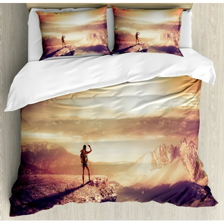 Photo Print Bedding Adventure Queen Size Duvet Cover Set, Traveler Woman with Backpack on Mountain Surveying Sunset Adventure Photo Print, Decorative 3 Piece Bedding Set with 2 Pillow Shams, Multicolor, by Ambesonne ()
