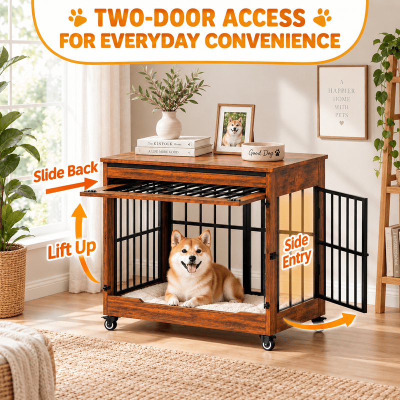 46" Large Dog Crate Furniture, Double Door Wooden Dog Kennel with Removable Curtain, Lockable Caster Wheels, Indoor Pet Cage End Table for Extra Large Dogs
