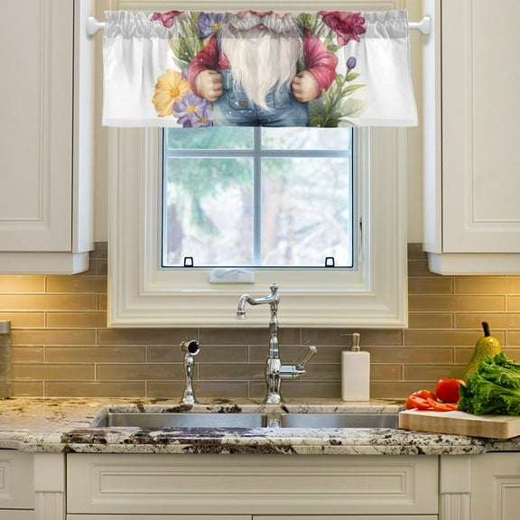 Gnome and Flowers Curtain Valances Farmhouse Design Window Treatment Decor Blackout Rod Pocket for Windows Living Room Kitchen 54" x 18"