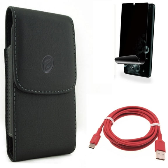 6ft USB-C Cable w Privacy Screen Protector w Case Belt Clip for Samsung Galaxy S20 Ultra - Red Charger Cord Power, TPU Film [NOT GLASS] [Fingerprint Works], Leather Holster fits Galaxy S20 Ultra