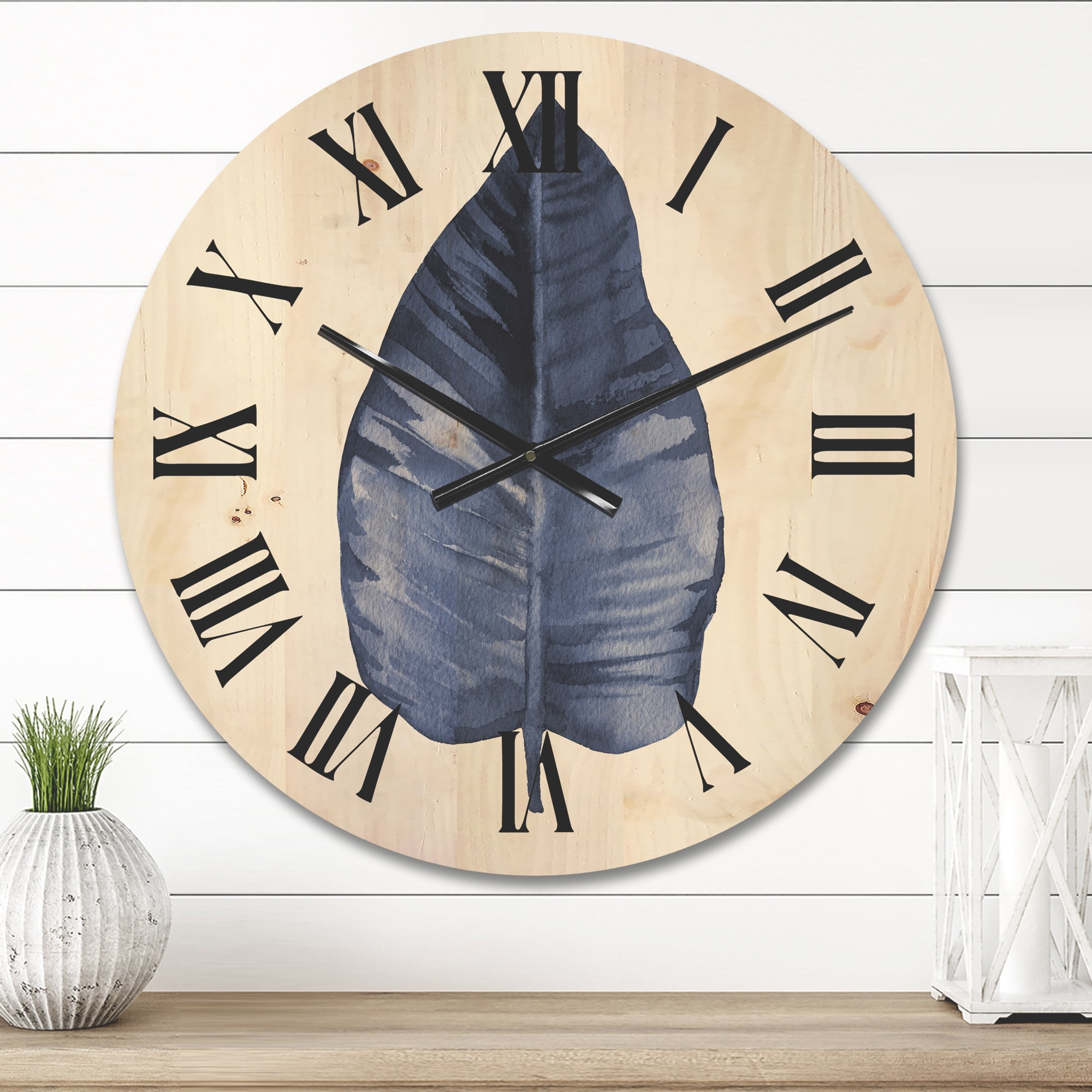 Designart 'Blue Leaf Watercolour On White Background' Traditional Wood Wall Clock