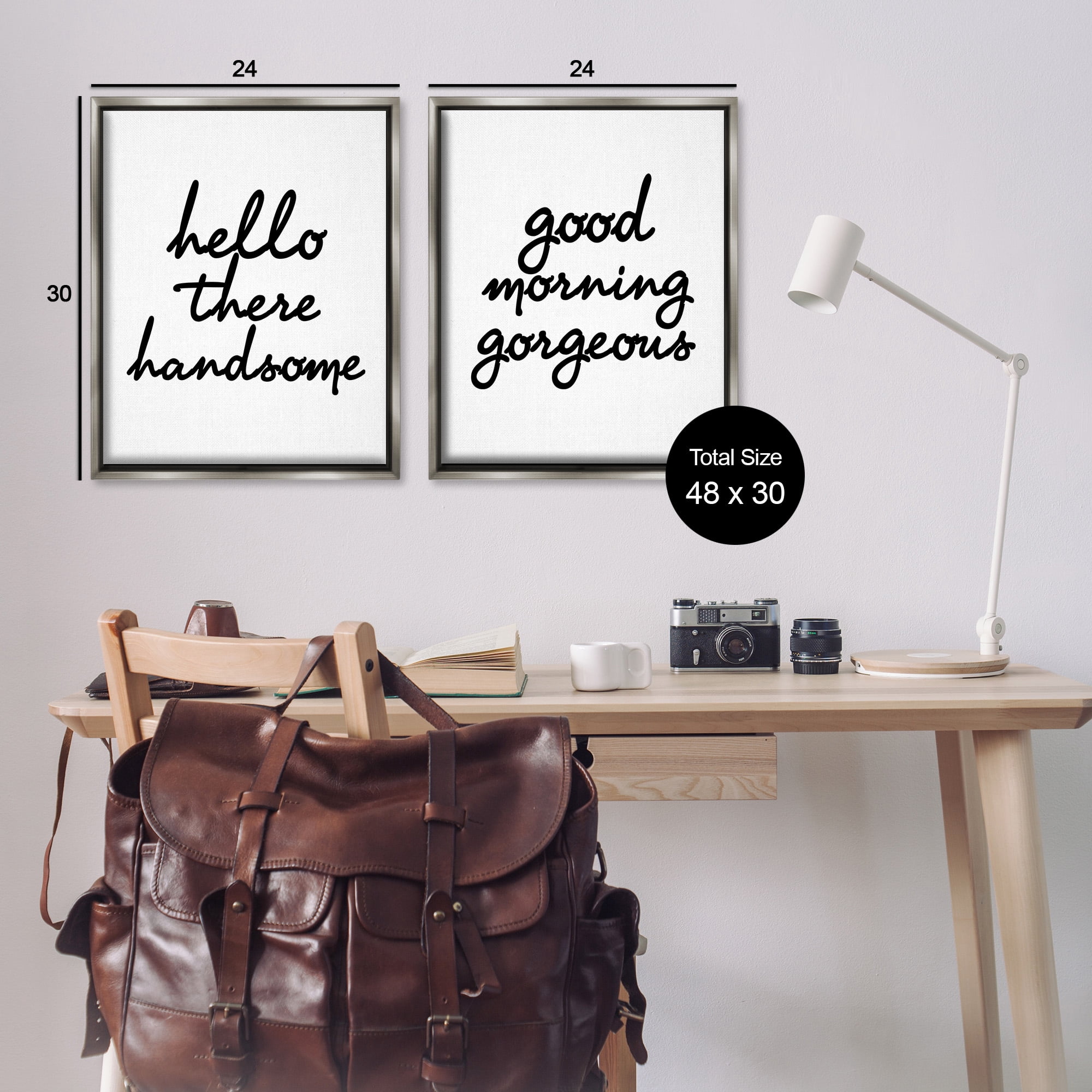 Stupell Industries Handsome & Gorgeous Greetings Inspirational Painting Gray Floater Framed Canvas Art Print Wall Art, 25 x 31, Set of 2