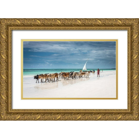 C. Sink, Jeffrey 32x21 Gold Ornate Wood Framed with Double Matting Museum Art Print Titled - Masai cattle on Zanzibar beach