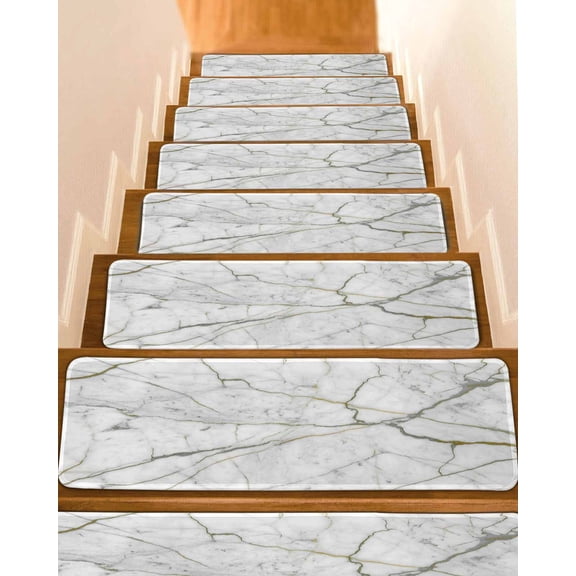 White Marble Non-Slip Stair Treads for Wooden Steps, 10 Pack-8x30in Carpet Stair Mats with Adhesive Backing, Noise-Reducing Step Covers for Indoor Stairs, Easy to Install & Residue-Free