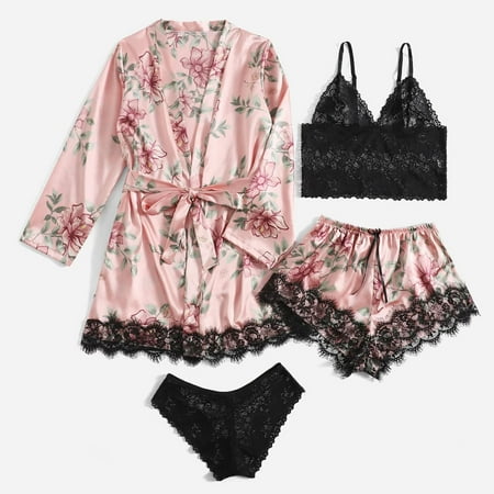 

ZZWXWB Robes For Women Women Plus Size Lingerie Silk Robe Satin Bathrobe Four-Piece Set Sleepwear Pajamas Pink M ac101