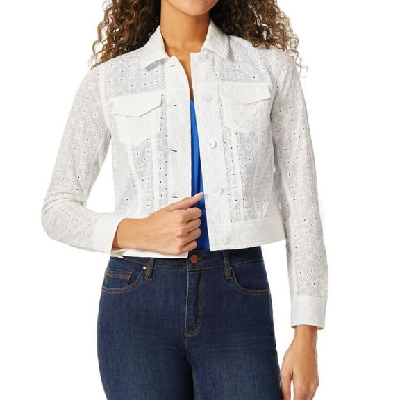 Jones New York Womens Embroidered Pontelle Trucker Jacket, White, X-Small