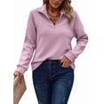 thumbnail image 2 of Womens Long Sleeve Quarter Zip Pullover Sweater Casual Loose V Neck Collared Ribbed Knit Jumper Tops Pink XXL, 2 of 9