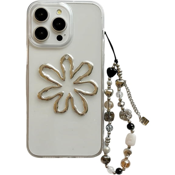 3D Silver Sunflower Clear Case for iPhone 15 Pro 2023 with Beaded Phone Charm Chain,Retro Chic Stylish Design Soft Slim Protective Girly Gift Cover Wristchain(iPhone 15pro 6.1")
