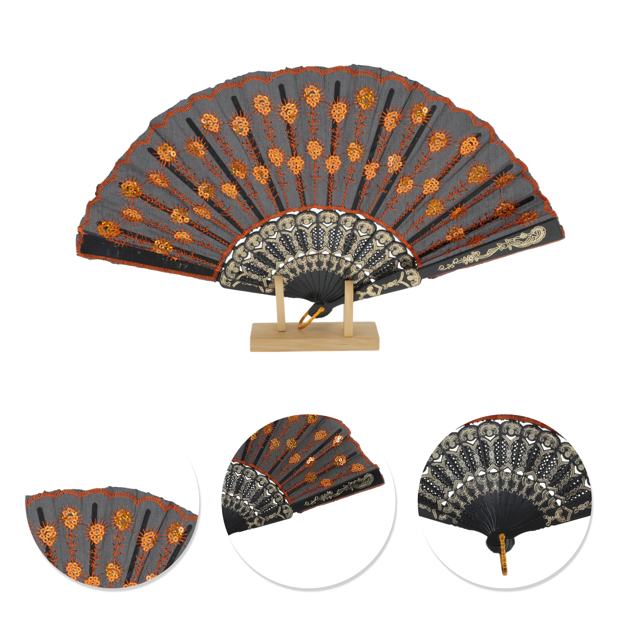 Unique Bargains Beautiful Sequins Folding Fan 1 Pc Orange