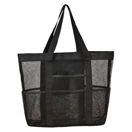 LARUYEKO Beach Toys Mesh Beach Bag with Zipper and Total 9 Pockets Large Beach Tote Sandproof Storage Travel Bag Black and Green Includes 1 Pocket for Cell Phone Air Packing Bags Bra and Underwear