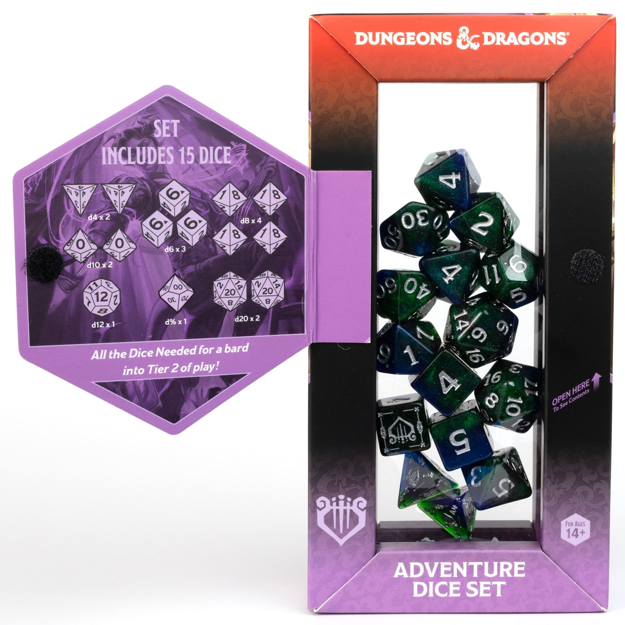 Dungeons & Dragons: D&D Adventure Dice: Bard - Blue & Green -15pc RPG Set, Class Symbols, Roleplaying Game Accessory, Sirius Dice, Officially Licensed