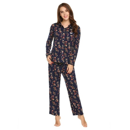 - Womens Long Sleeve Floral Print Sleepwear Button-down Collar Pockets Nightwear Pajamas Set HITC
