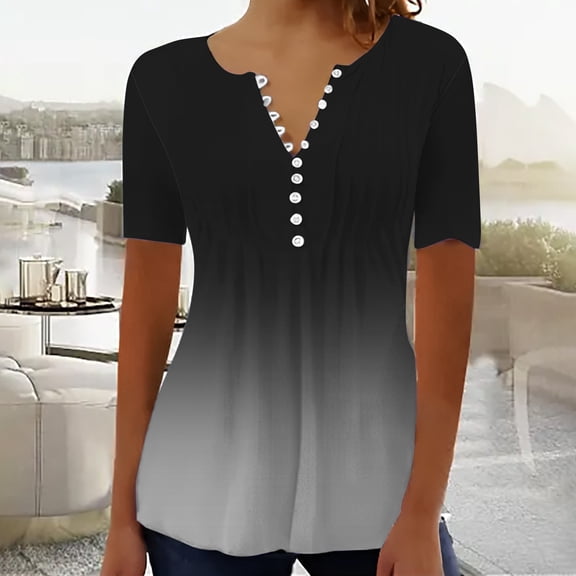 Sweet Home Farm V Neck T Shirts for Women Summer Tops 2025 Trendy Boho Floral Print Tunic Casual Loose Blouse Short Sleeve Shirts Black