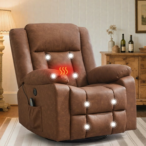 Lnsenfin Manual Swivel Rocker Recliner Chair with USB Ports Faux Leather for Living Room,Light Brown