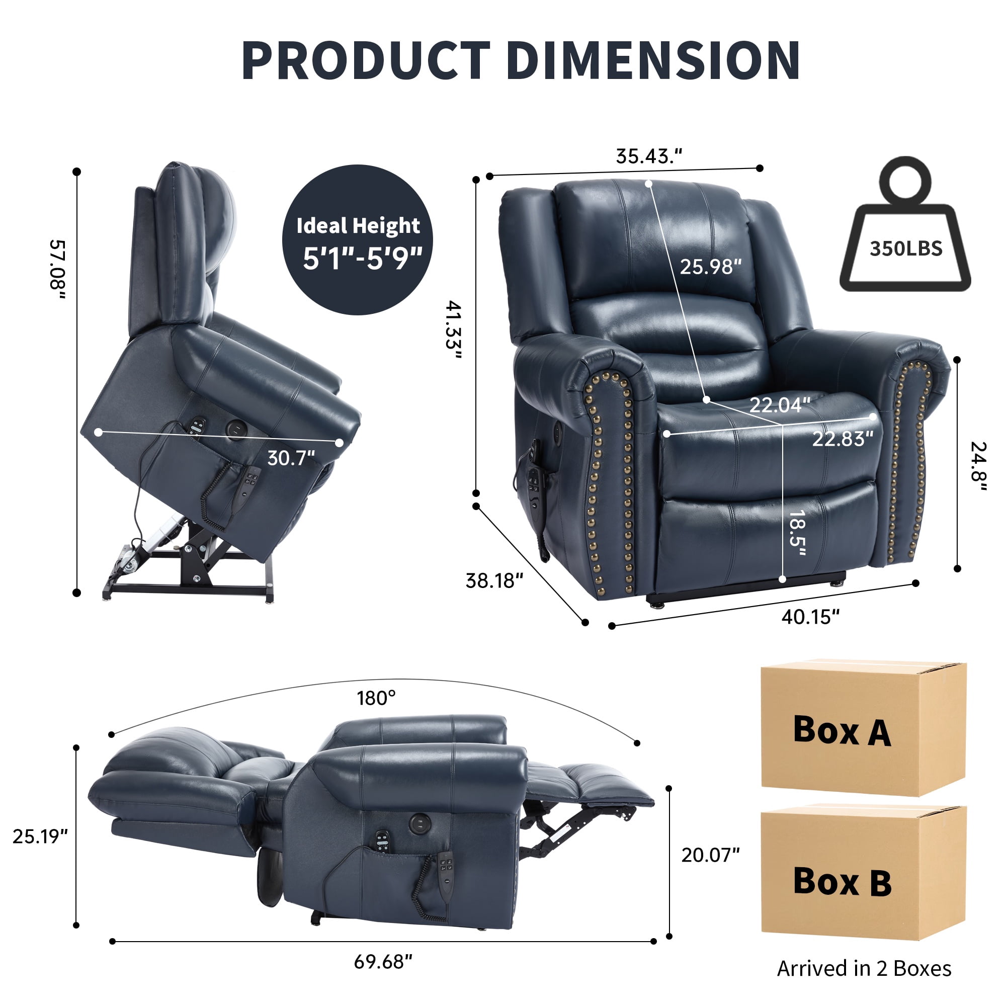 LEGAHOME Genuine Leather Power Lift Recliner Chair, Electric Infinite Position Lift Chair for Elderly with Heated and Massage, Reclining Sofa with USB Charging Port and Dual Motor, Blue