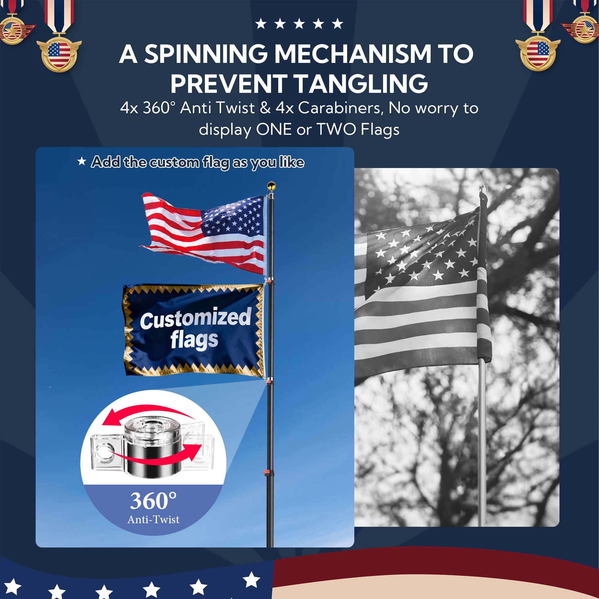 Yescom EZ GO 25ft Telescopic Flag Pole Kit Upgrade Rotating Lock for Outside Inground with 3x5' US Flag Ball Top Black