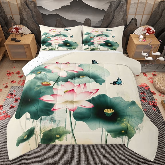Homewish Rustic Lotus Bedding Comforter Set,Modern Aesthetic Art Twin Comforter Sets,Green Lotus Leaves Bedding Set For Girls Kids,Microfiber Bedroom Decor Reversible,2-Piece