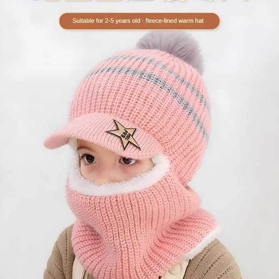 TELOLY Kids Plus Fleece Cap Hats Thick Warm Knitted Balaclava Cap for Child Outdoor Girls Boys Face Cover Hairball Bib Mask (Pink, suit for 2-5Years)