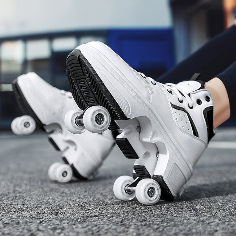 White Sneakers With Pop Out Wheels In Deformation Roller Shoes