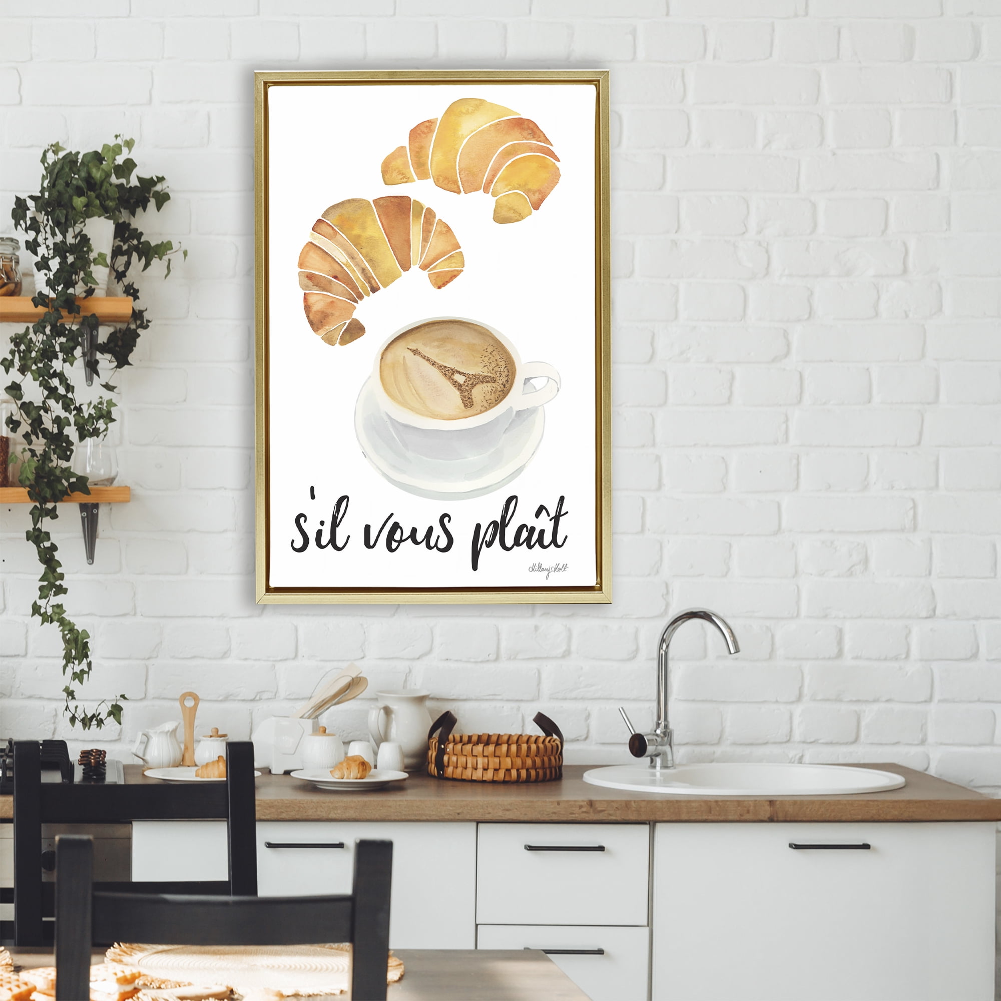 Stupell Industries Paris Croissant and Coffee Gold Framed Floater Canvas Wall Art, design by Hillary Holt